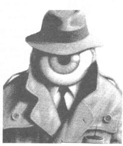 Surveillance as a person in a trench coat and fedora with an eye as a head 