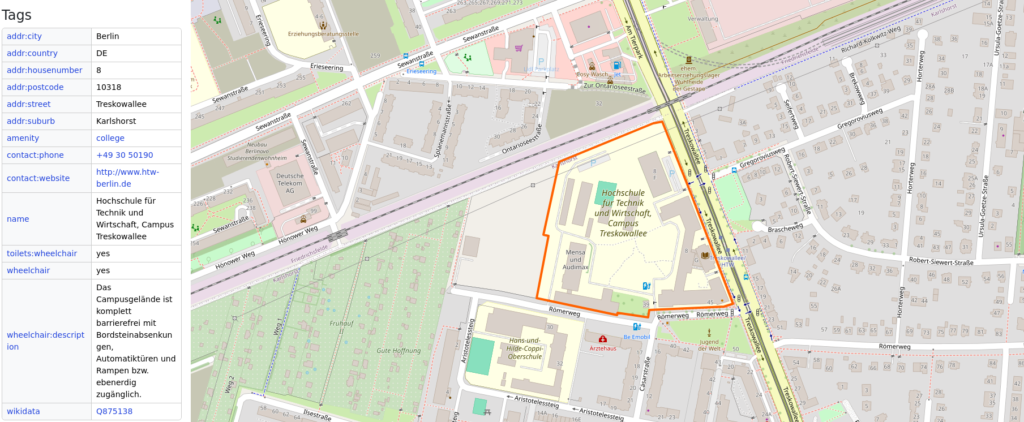 Bildschirmfoto von der Lage der HTW auf Openstreetmaps