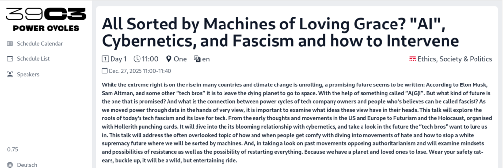 Bildschirmfoto des Fahrplaneintrags zu All Sorted by Machines of Loving Grace? "AI", Cybernetics, and Fascism and how to Intervene auf dem 39C3