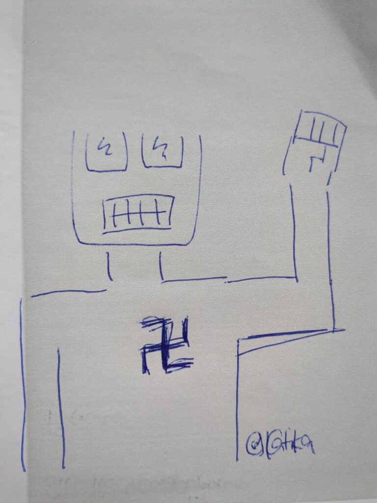 Drawing of a robot with a swastica as a heart 
Picture by Katika Kühnreich